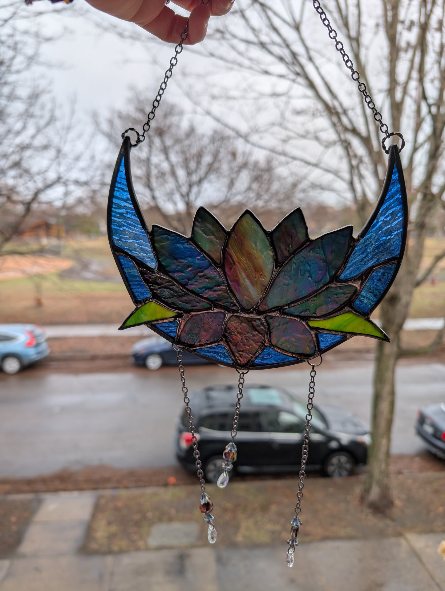 Handcrafted stained glass lotus moon blue DISCOUNTED