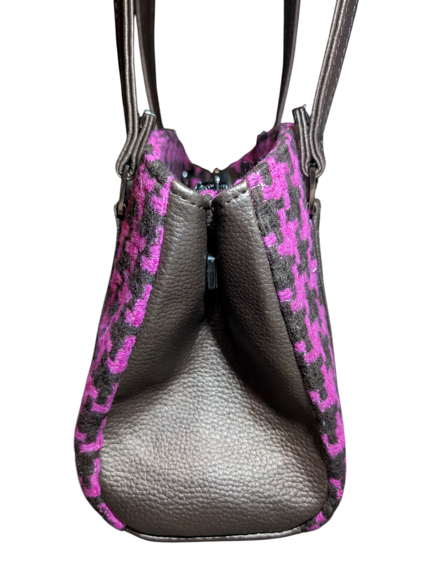 Handcrafted purse hand bag pink and brown houndstooth wool