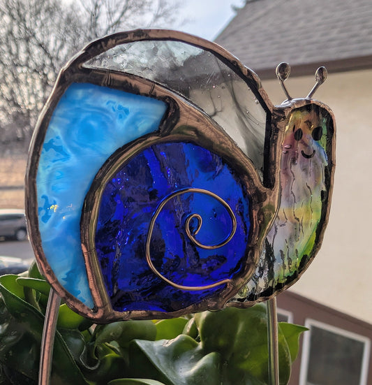 Handcrafted stained glass garden plant stake happy snail