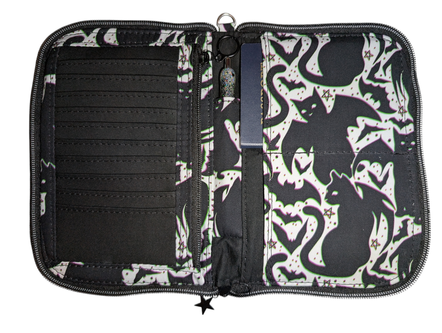 Handcrafted travel passport organizer wallet bat cats