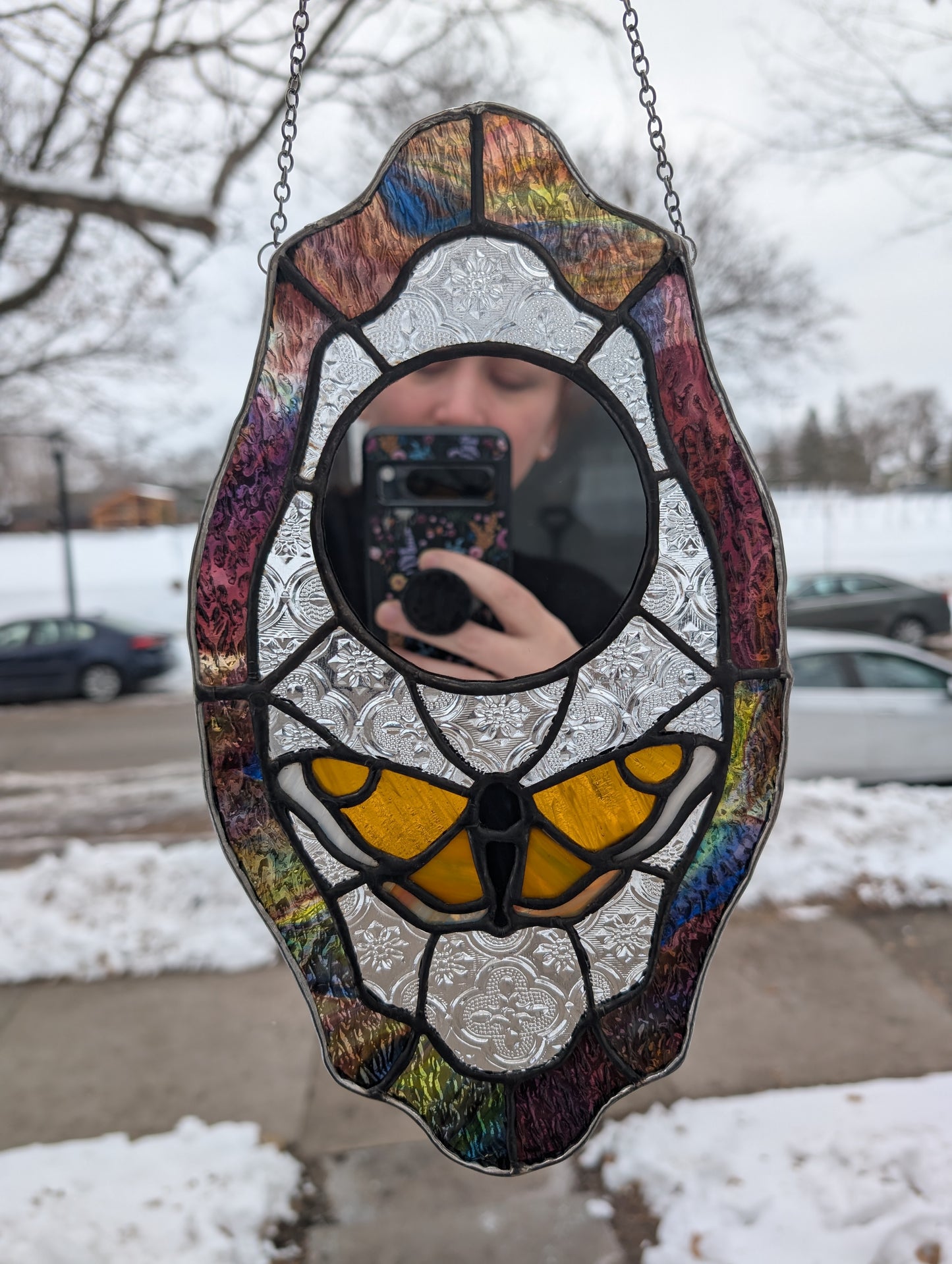 Handcrafted stained glass moth and mirror
