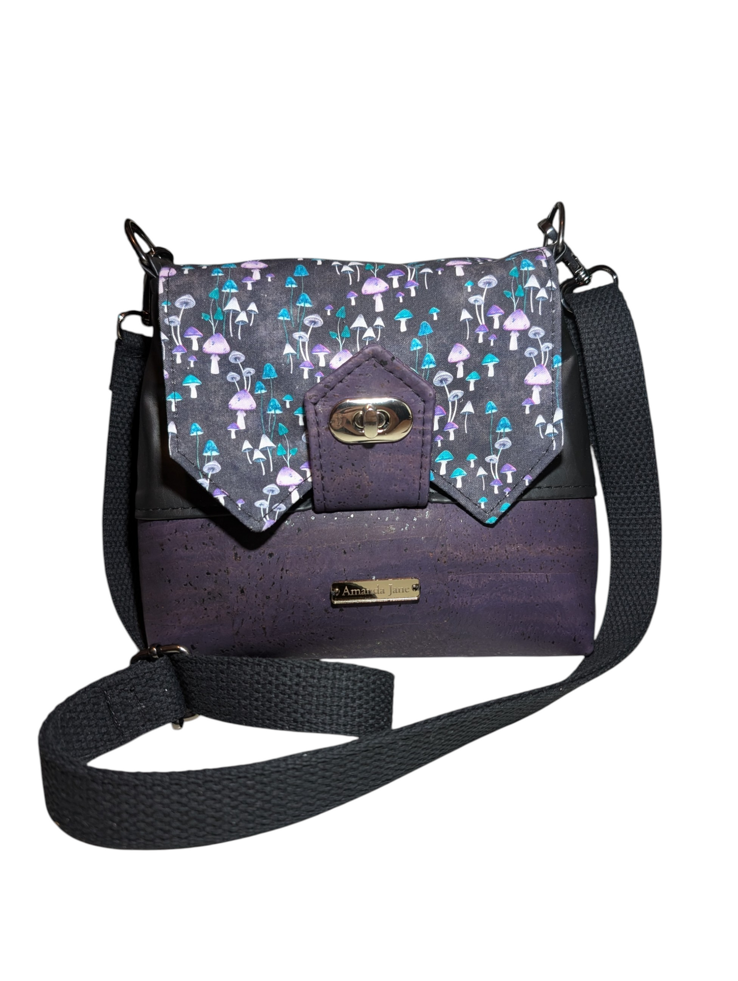 Handcrafted crossbody purse bag mushrooms and purple cork
