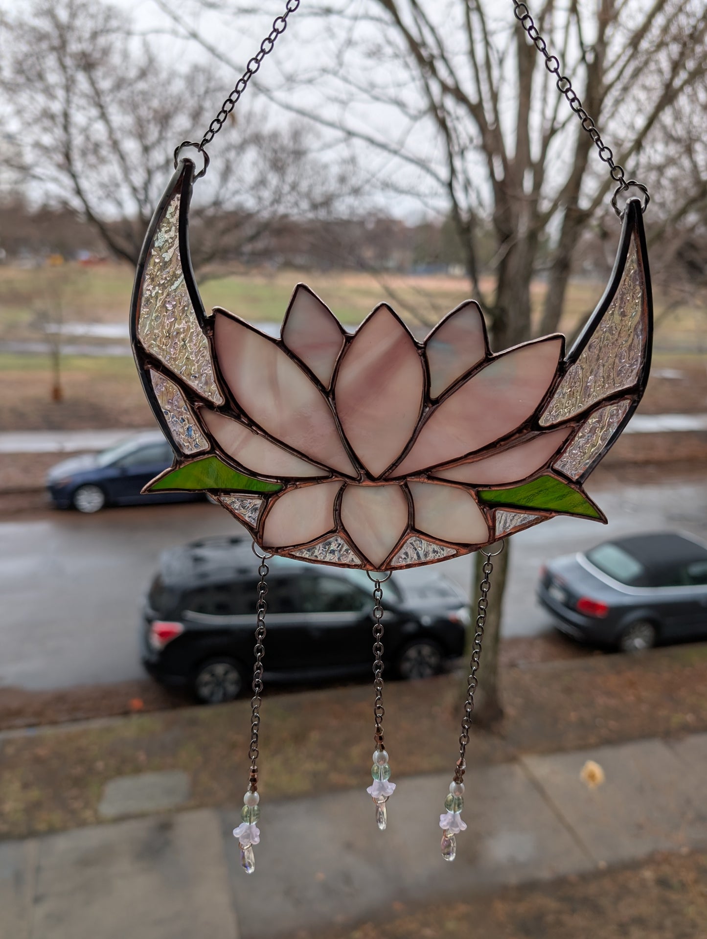 Handcrafted stained glass lotus moon pink