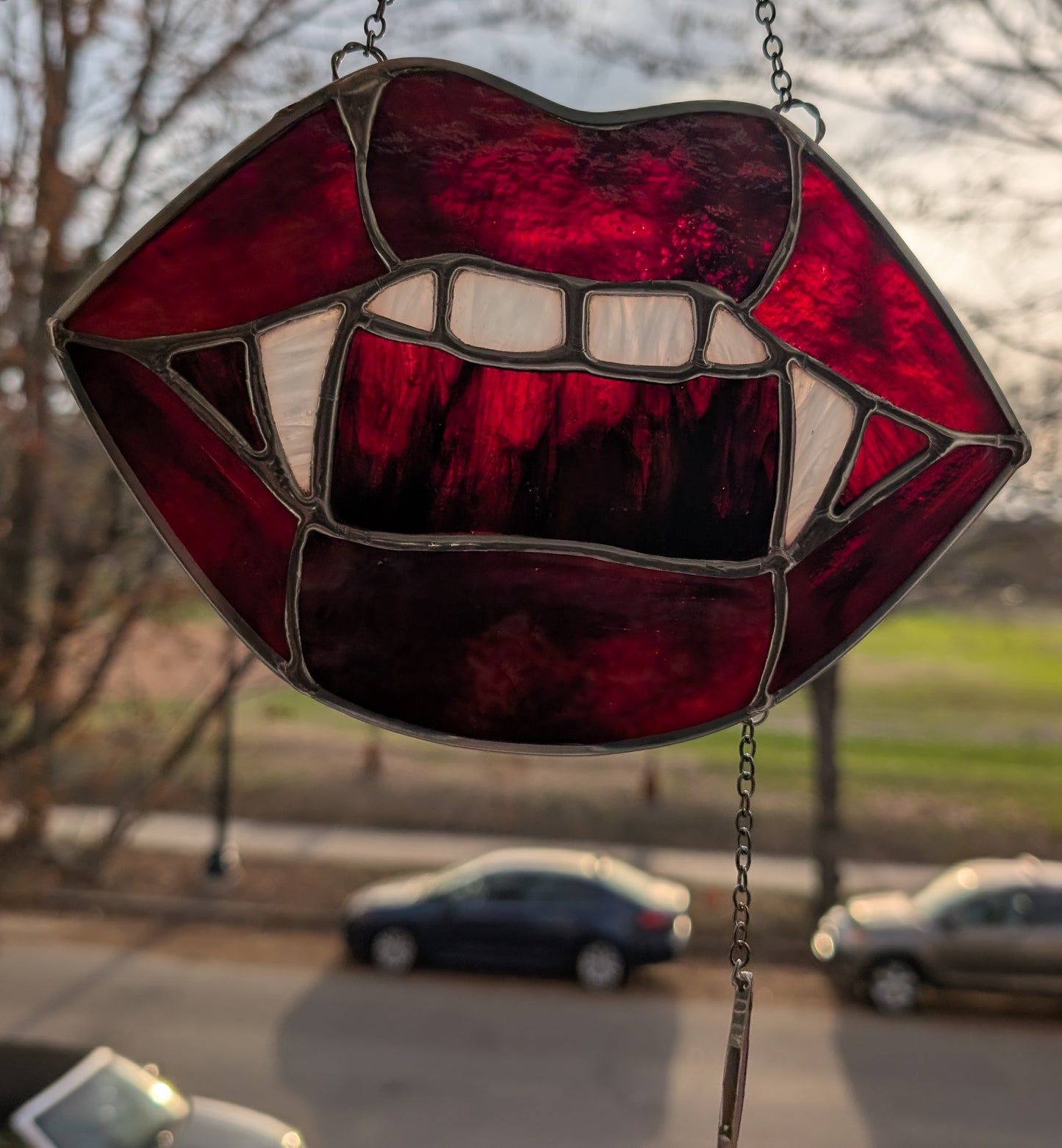 Handcrafted stained glass vampire teeth red lips