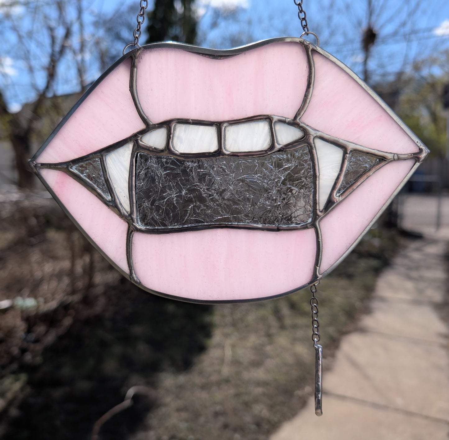 Handcrafted stained glass vampire teeth pink lips