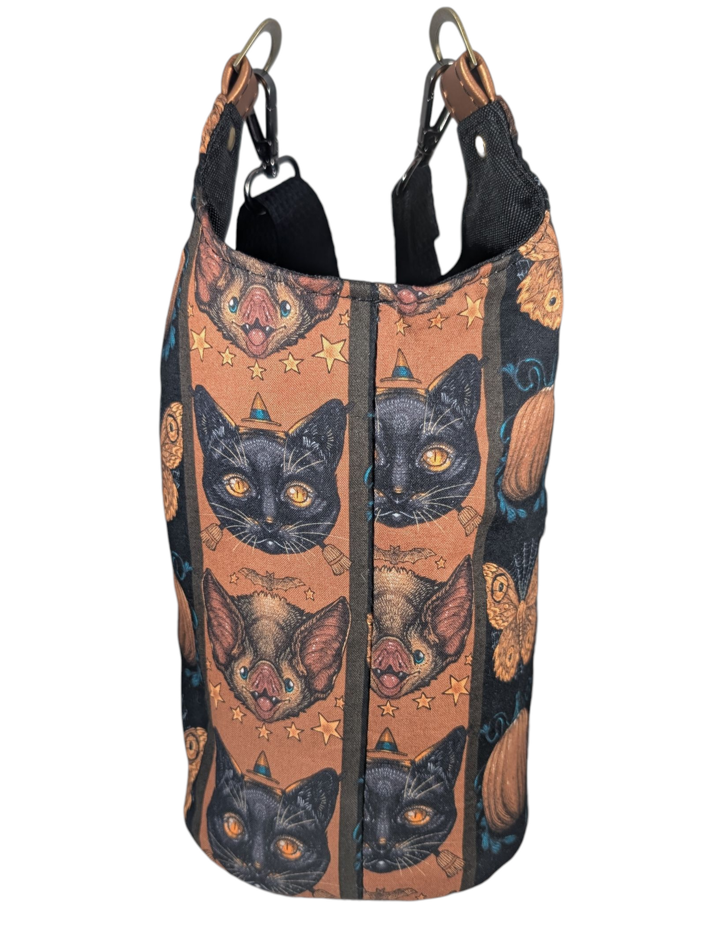 Handcrafted water bottle holder with card slots bats and cats