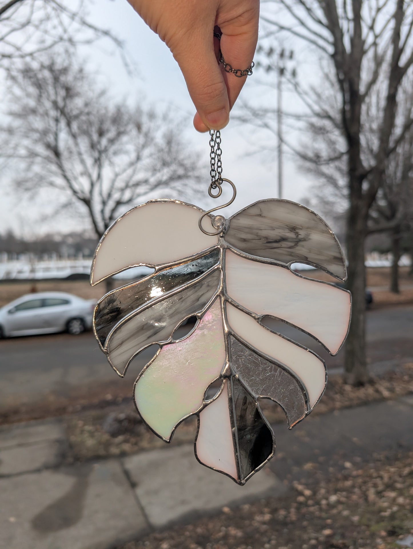 Handcrafted stained glass monstera leaf