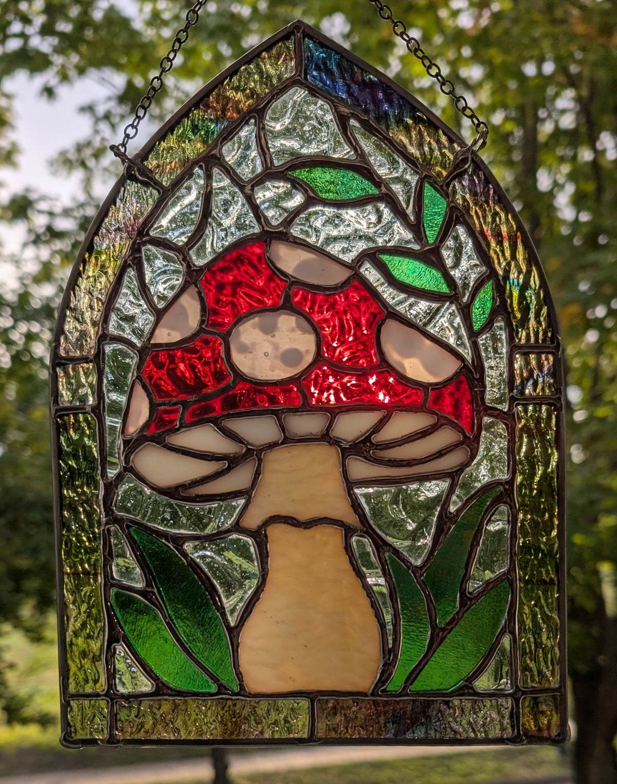 Stained glass sun catcher amanita mushroom