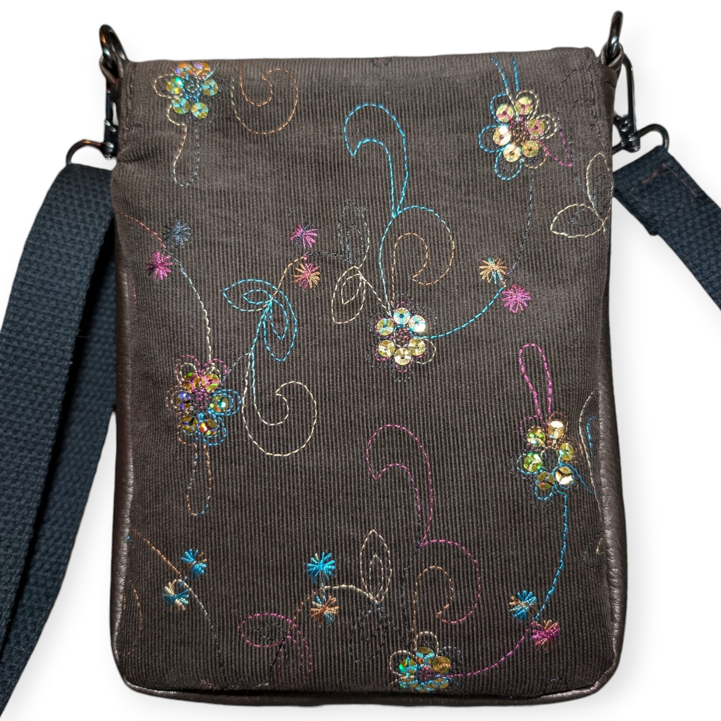 Handcrafted bag purse crossbody, built-in wallet, floral paisley corduroy