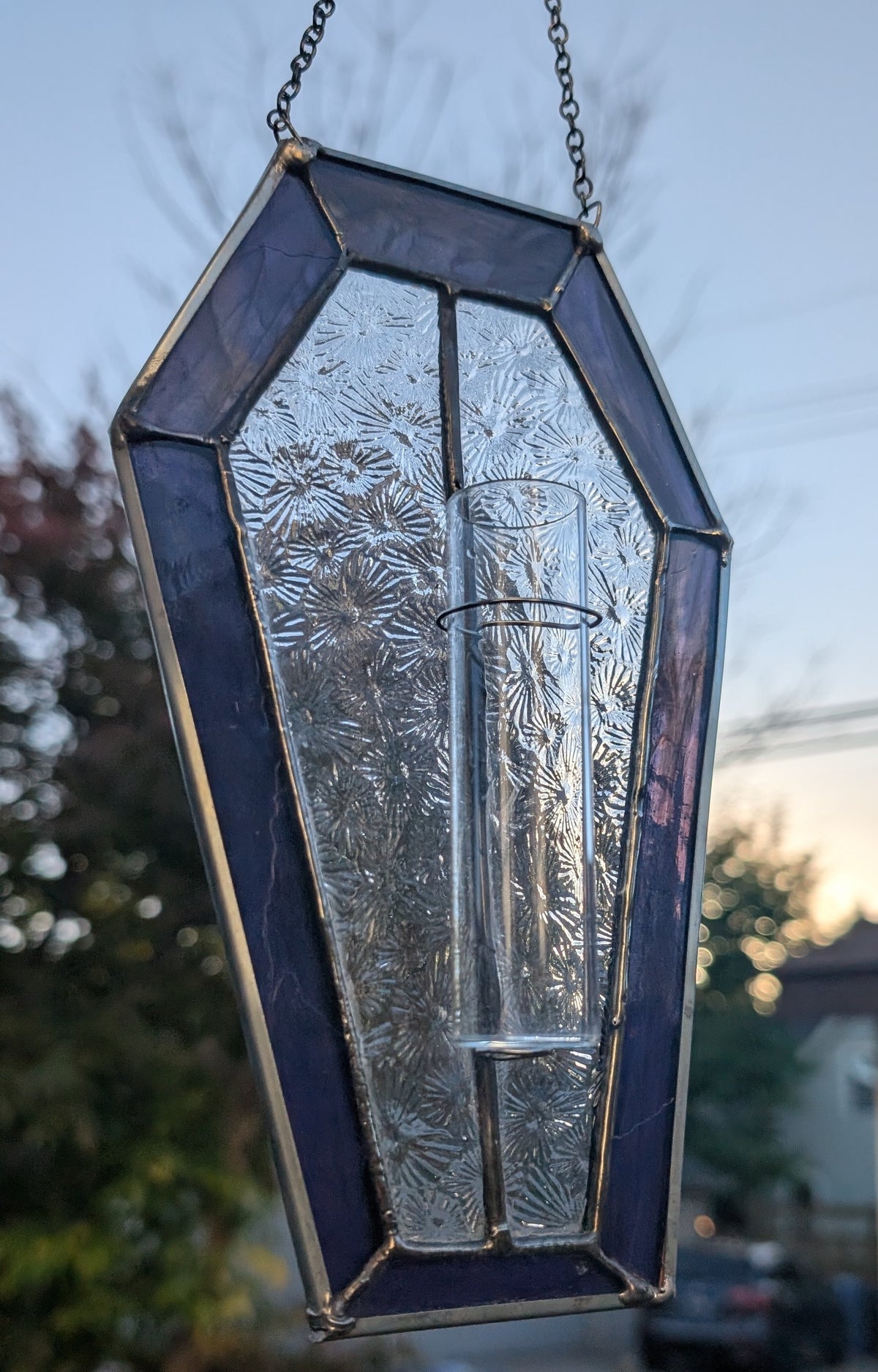 Stained glass sun catcher purple coffin propagation station
