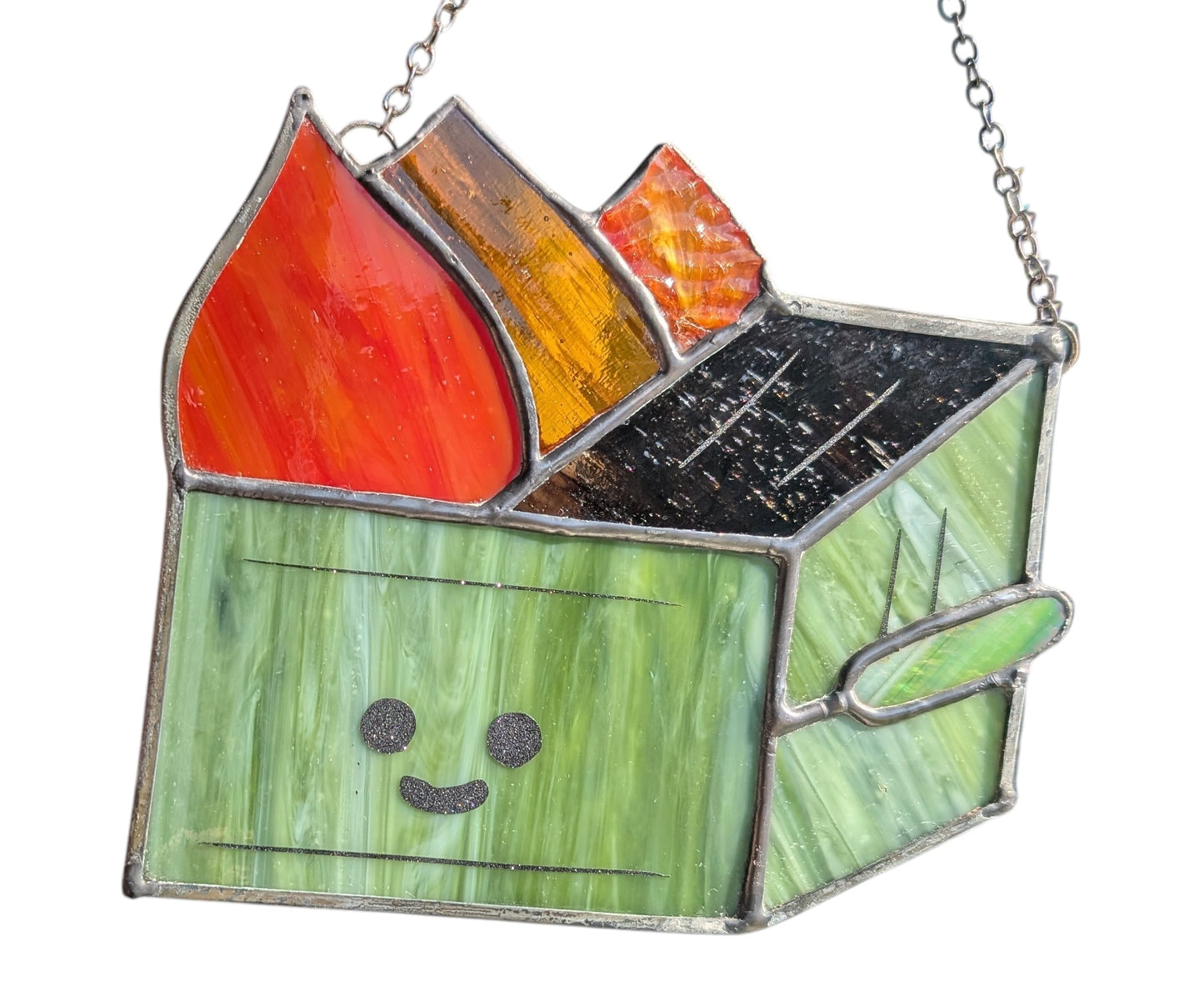 Stained glass sun catcher dumpster fire