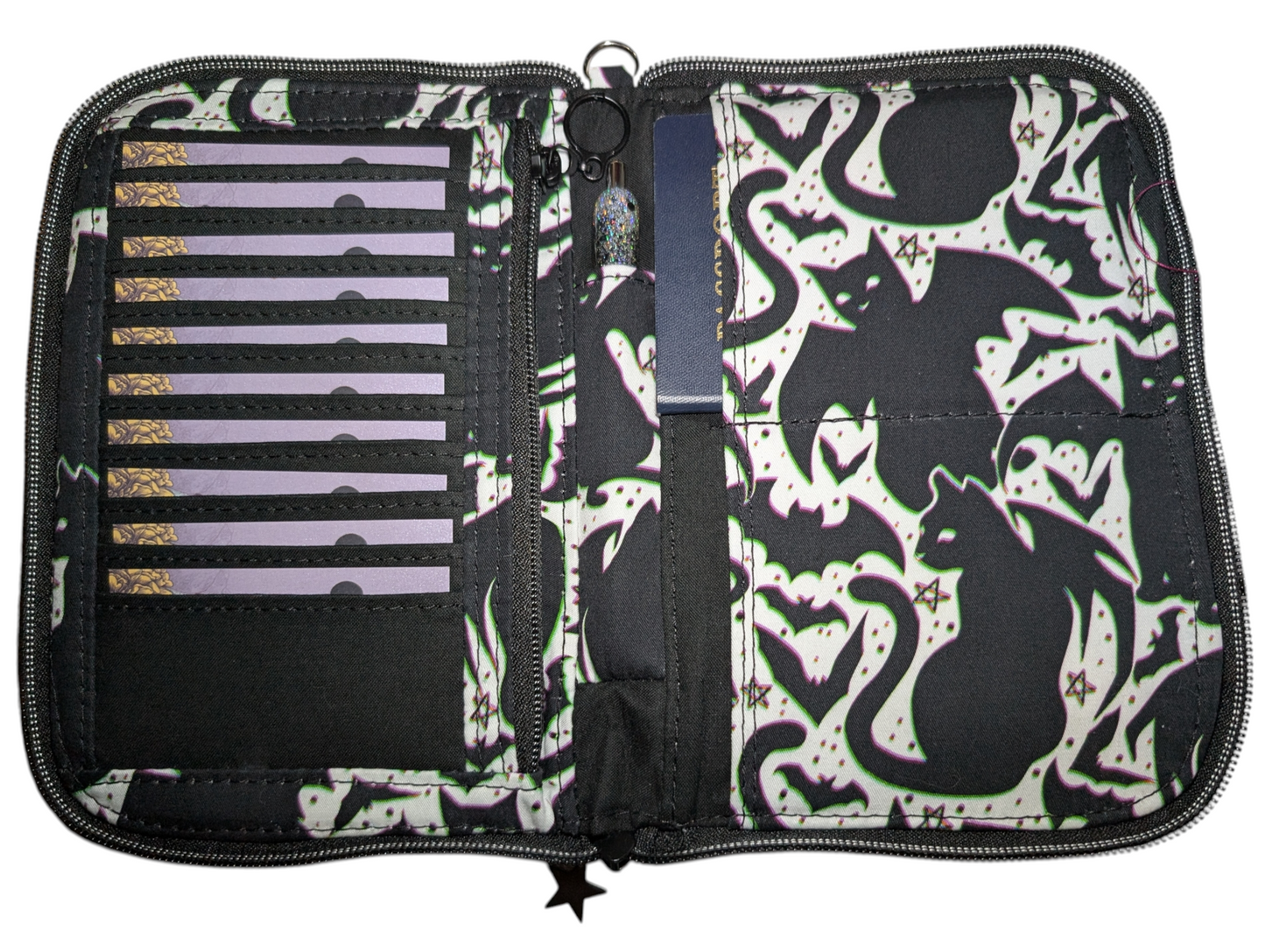 Handcrafted travel passport organizer wallet bat cats