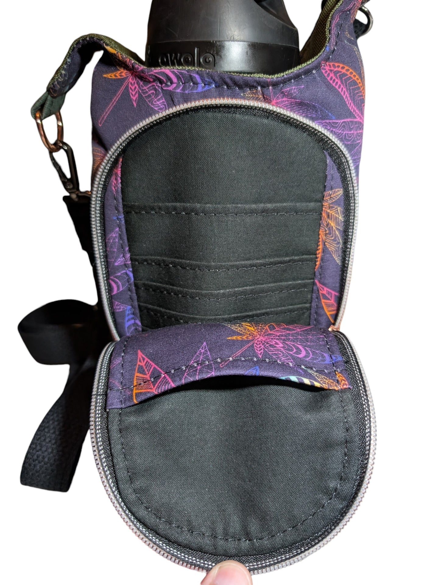 Handcrafted water bottle holder with card slots adult leaves