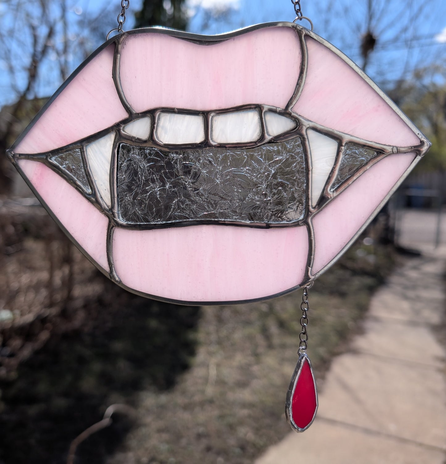 Handcrafted stained glass vampire teeth pink lips