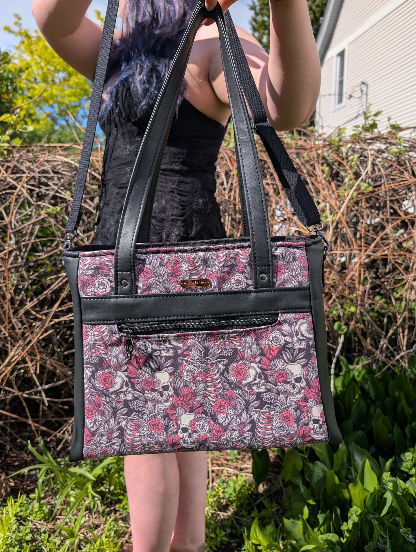 Handcrafted bag purse handbag shoulder bag pink skeleton floral