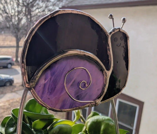 Handcrafted stained glass garden plant stake happy snail