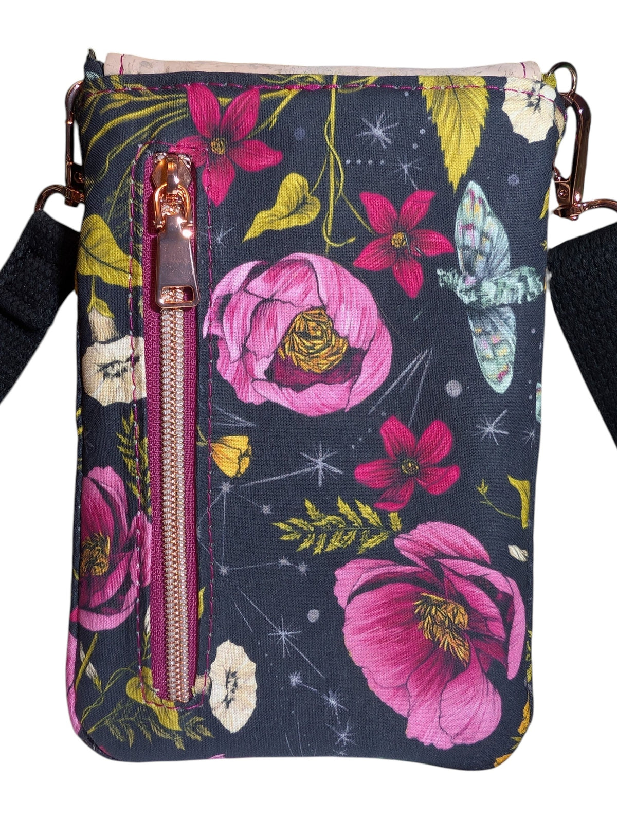 Handcrafted crossbody purse bag flowers and moths