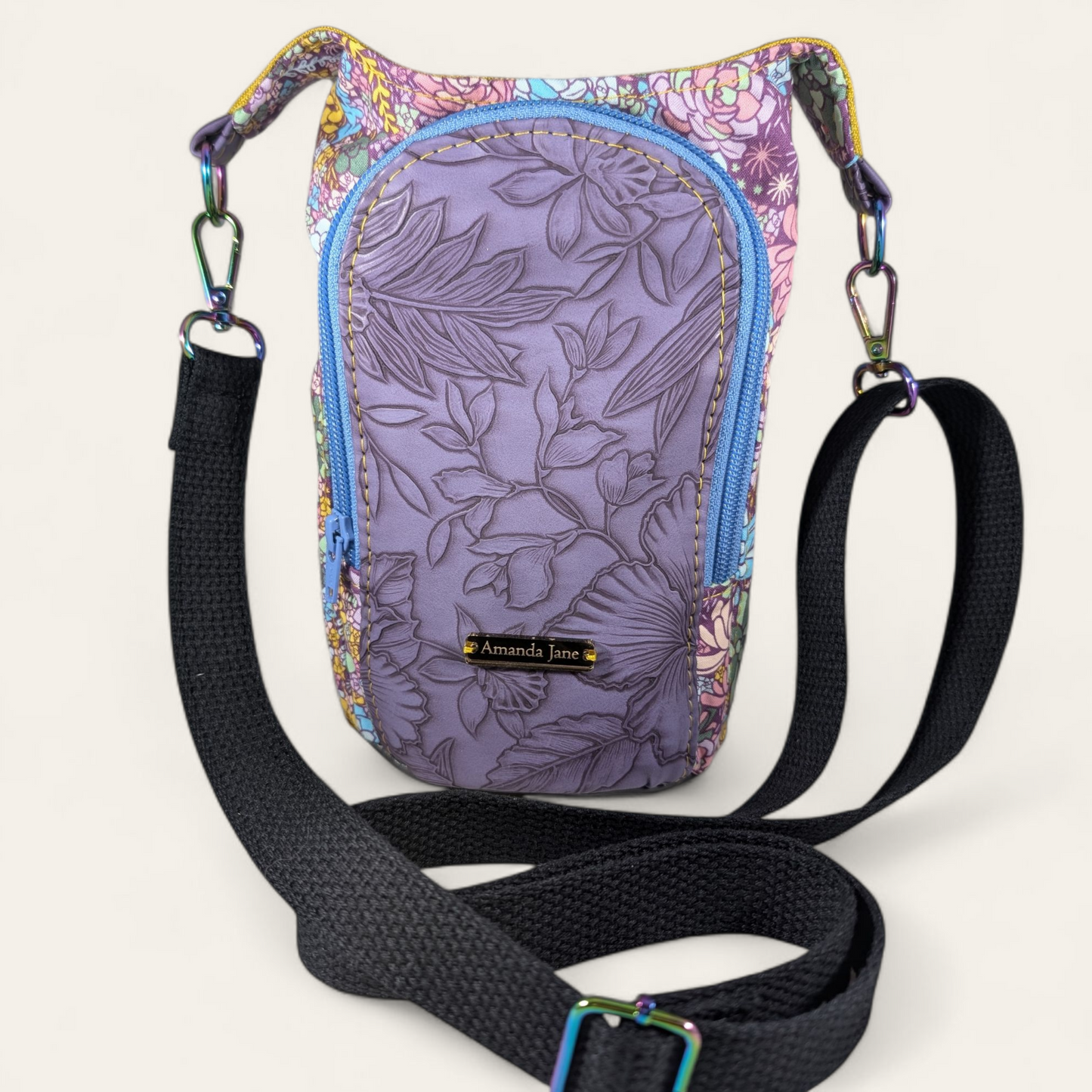 Handcrafted water bottle holder with card slots bright succulents