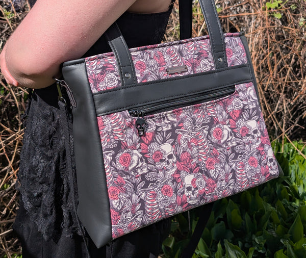 Handcrafted bag purse handbag shoulder bag pink skeleton floral