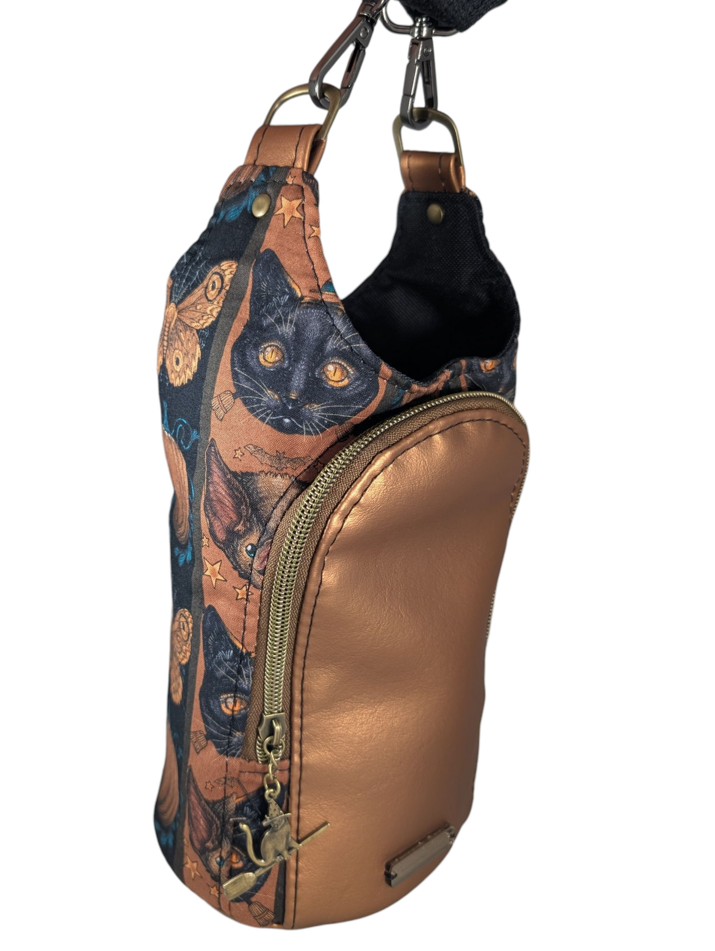 Handcrafted water bottle holder with card slots bats and cats