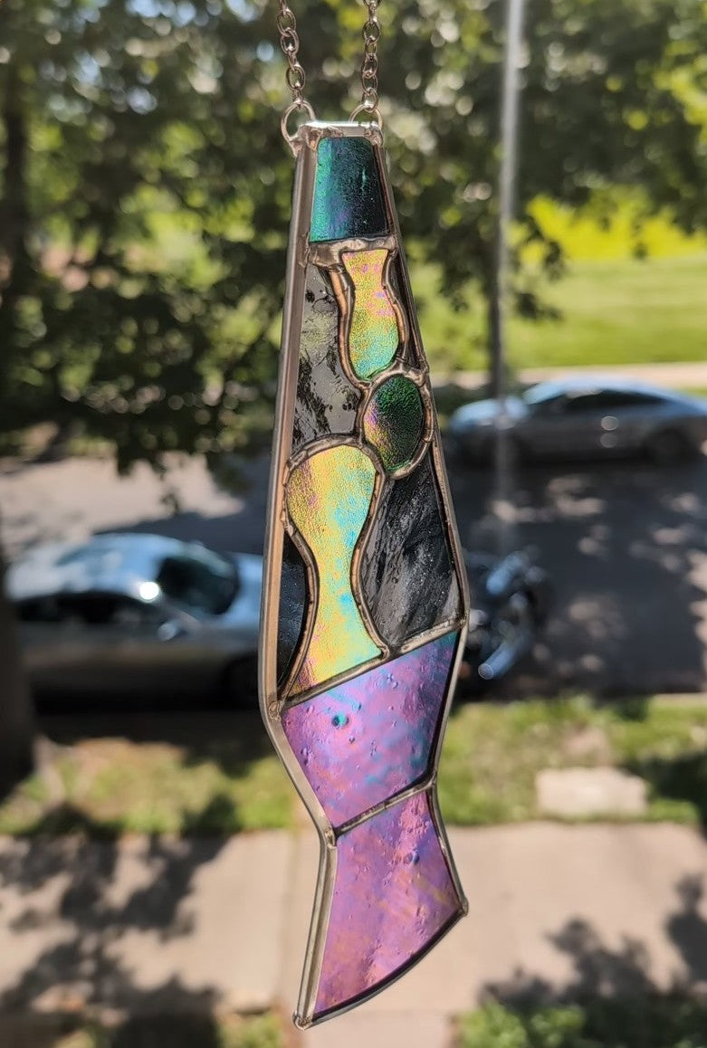 Handcrafted stained glass lava lamp green and black idridescent