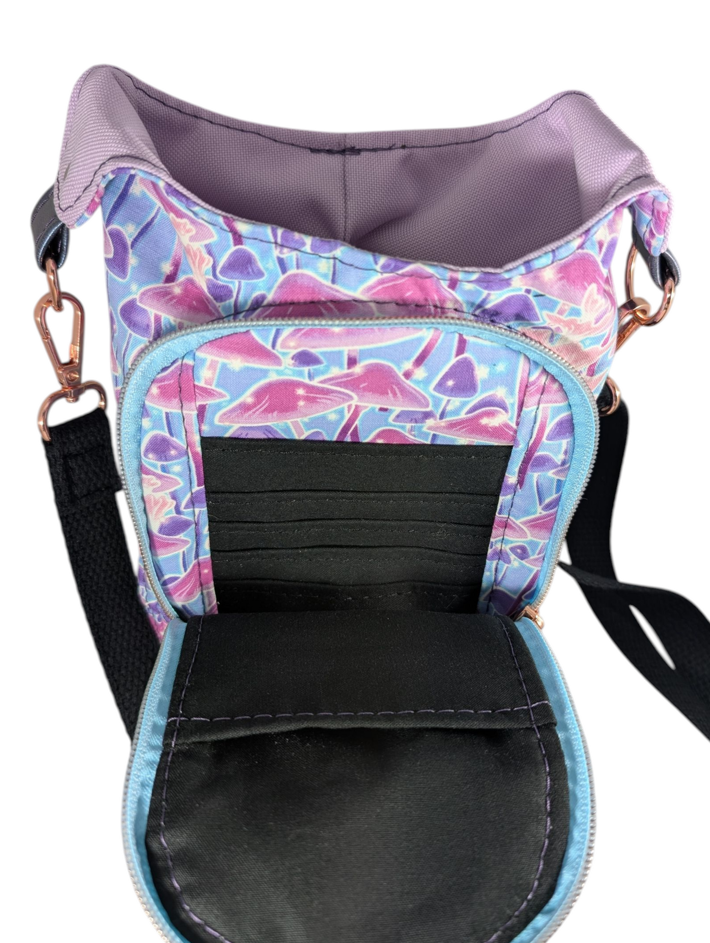 Handcrafted water bottle holder with card slots glow in the dark neon mushrooms