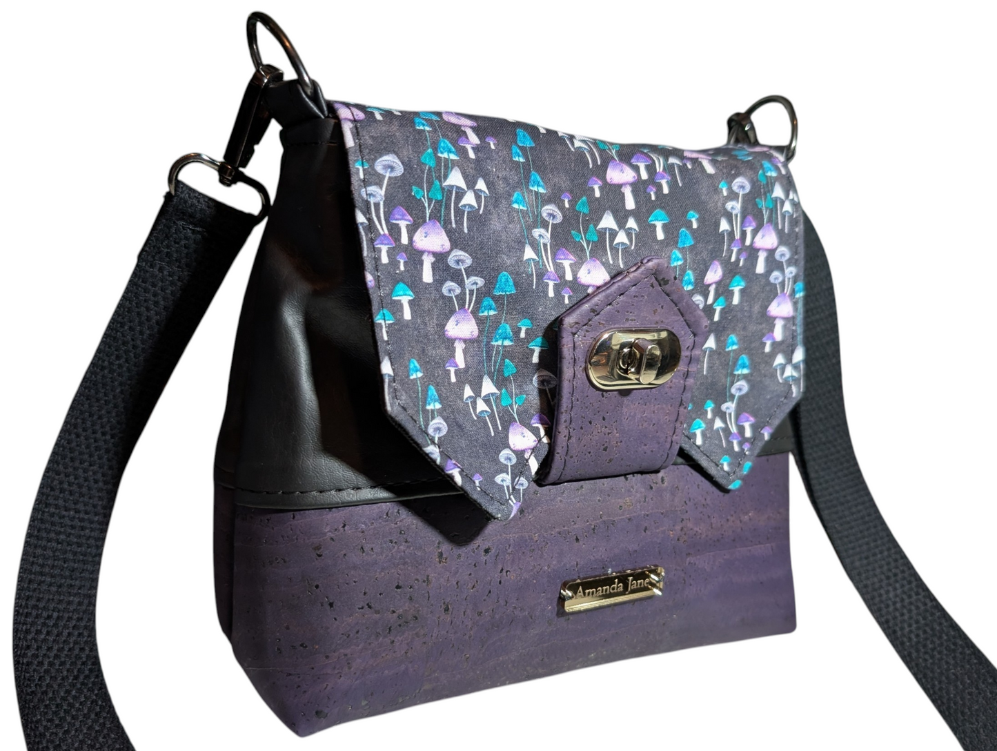 Handcrafted crossbody purse bag mushrooms and purple cork