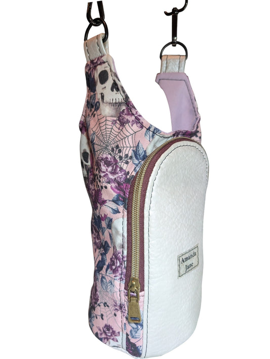 Handcrafted water bottle holder with card slots skulls and flowers