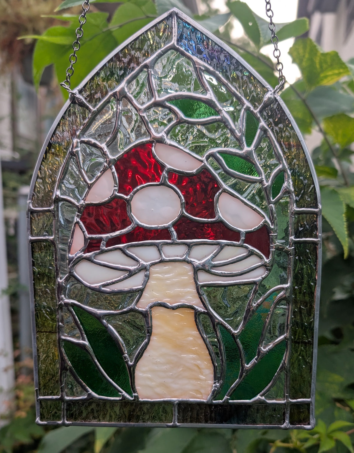 Stained glass sun catcher amanita mushroom