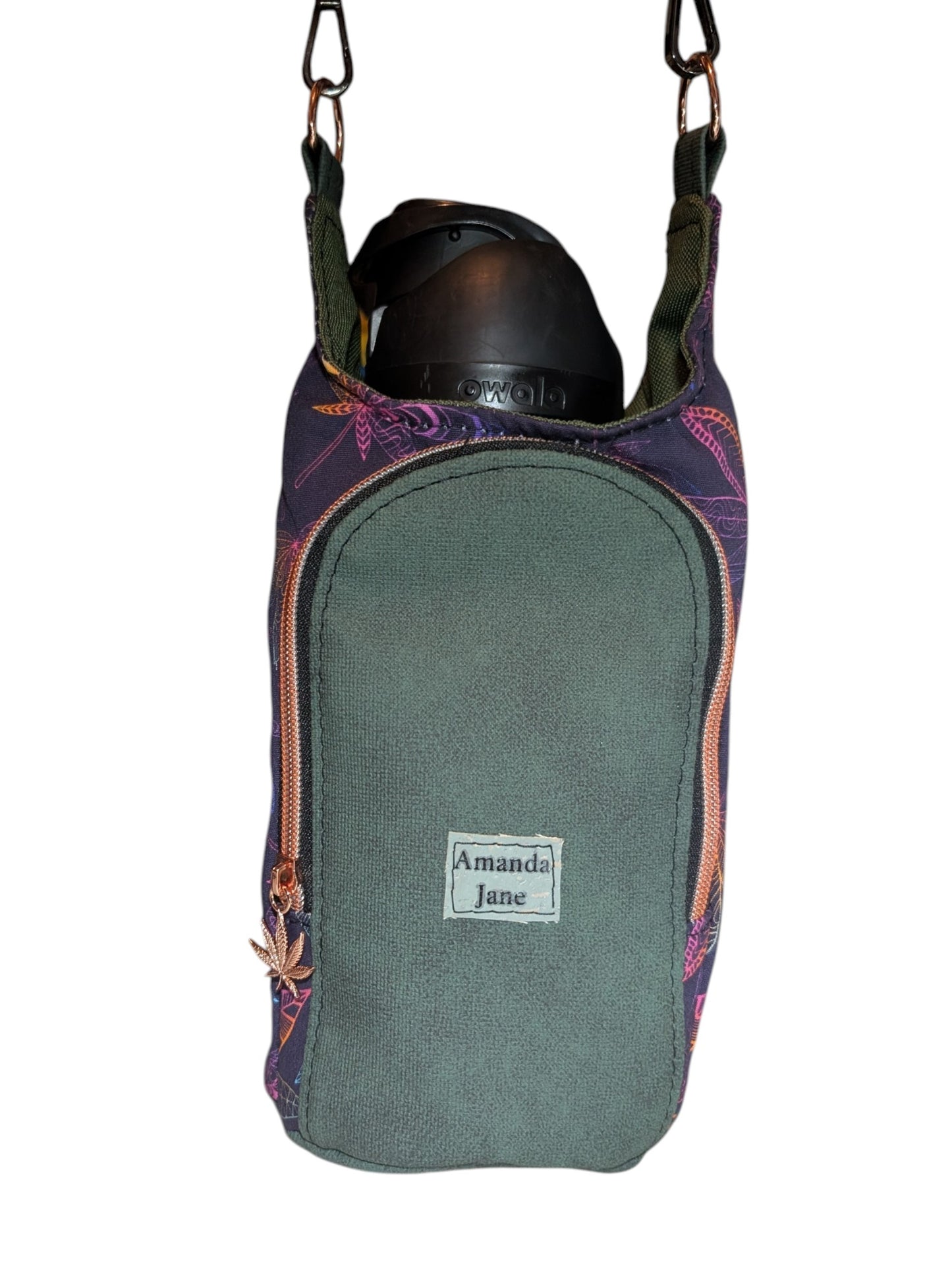 Handcrafted water bottle holder with card slots adult leaves