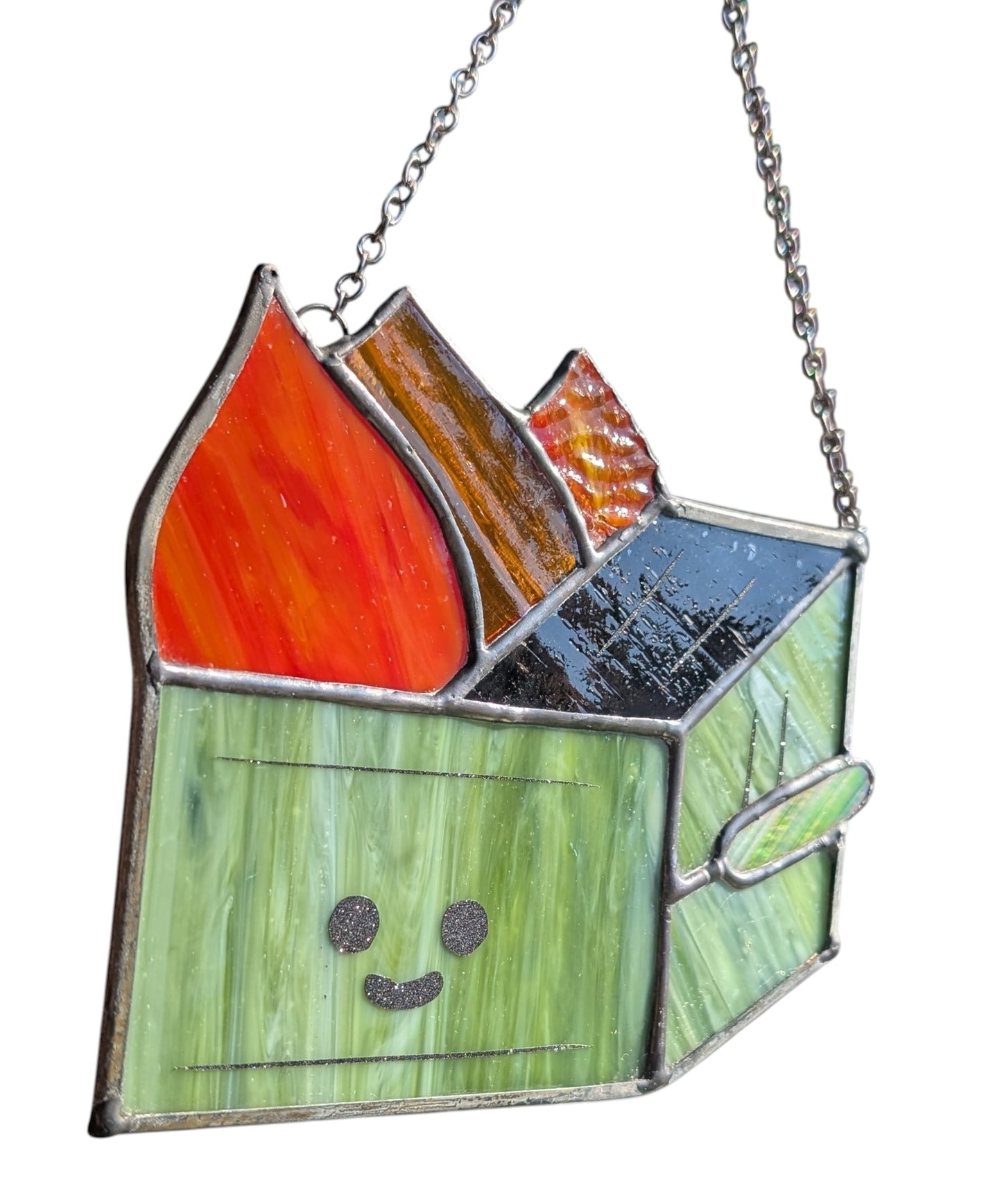 Stained glass sun catcher dumpster fire