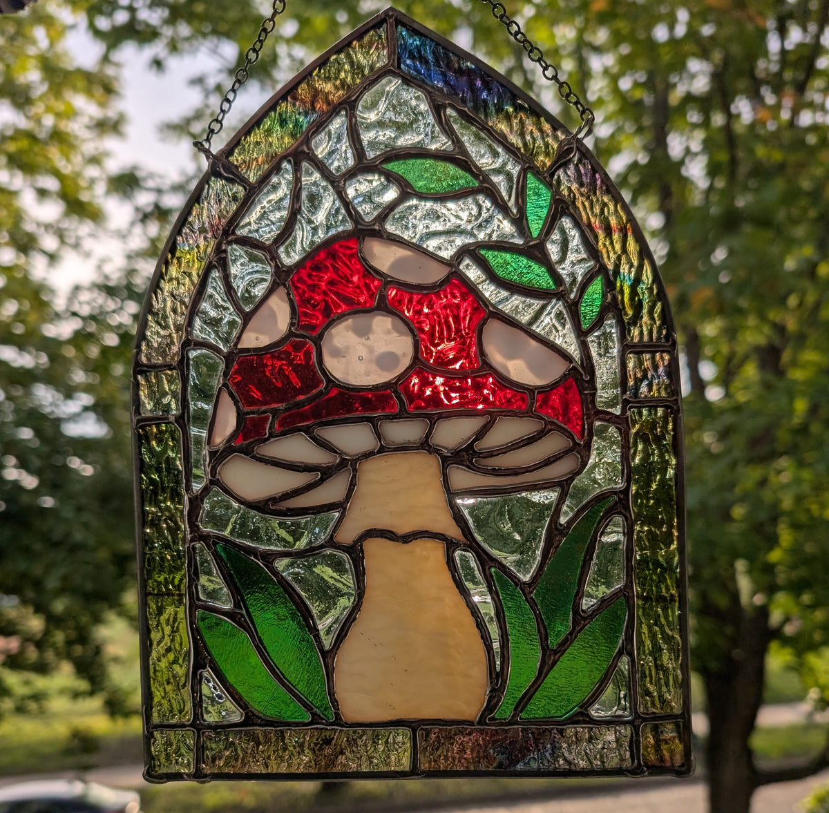 Stained glass sun catcher amanita mushroom