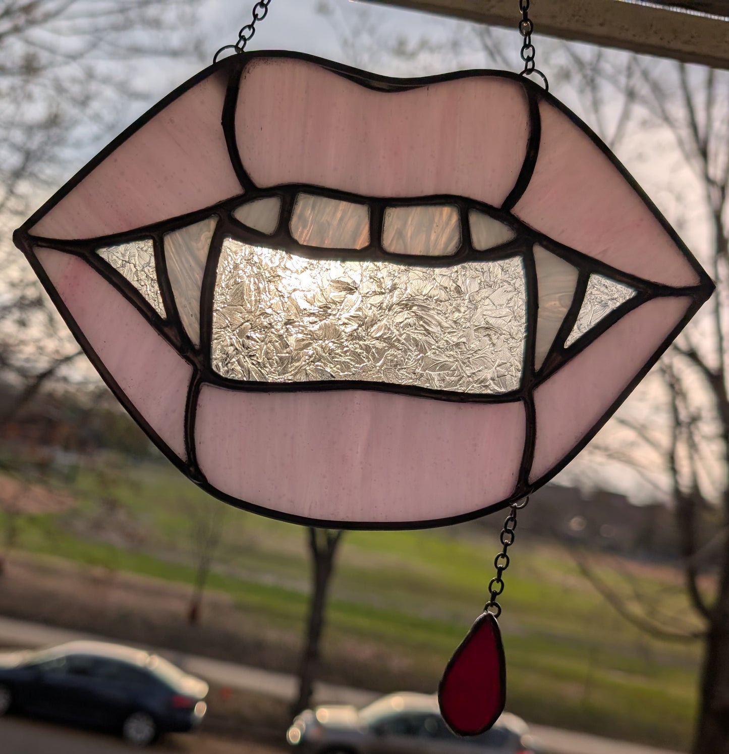 Handcrafted stained glass vampire teeth pink lips