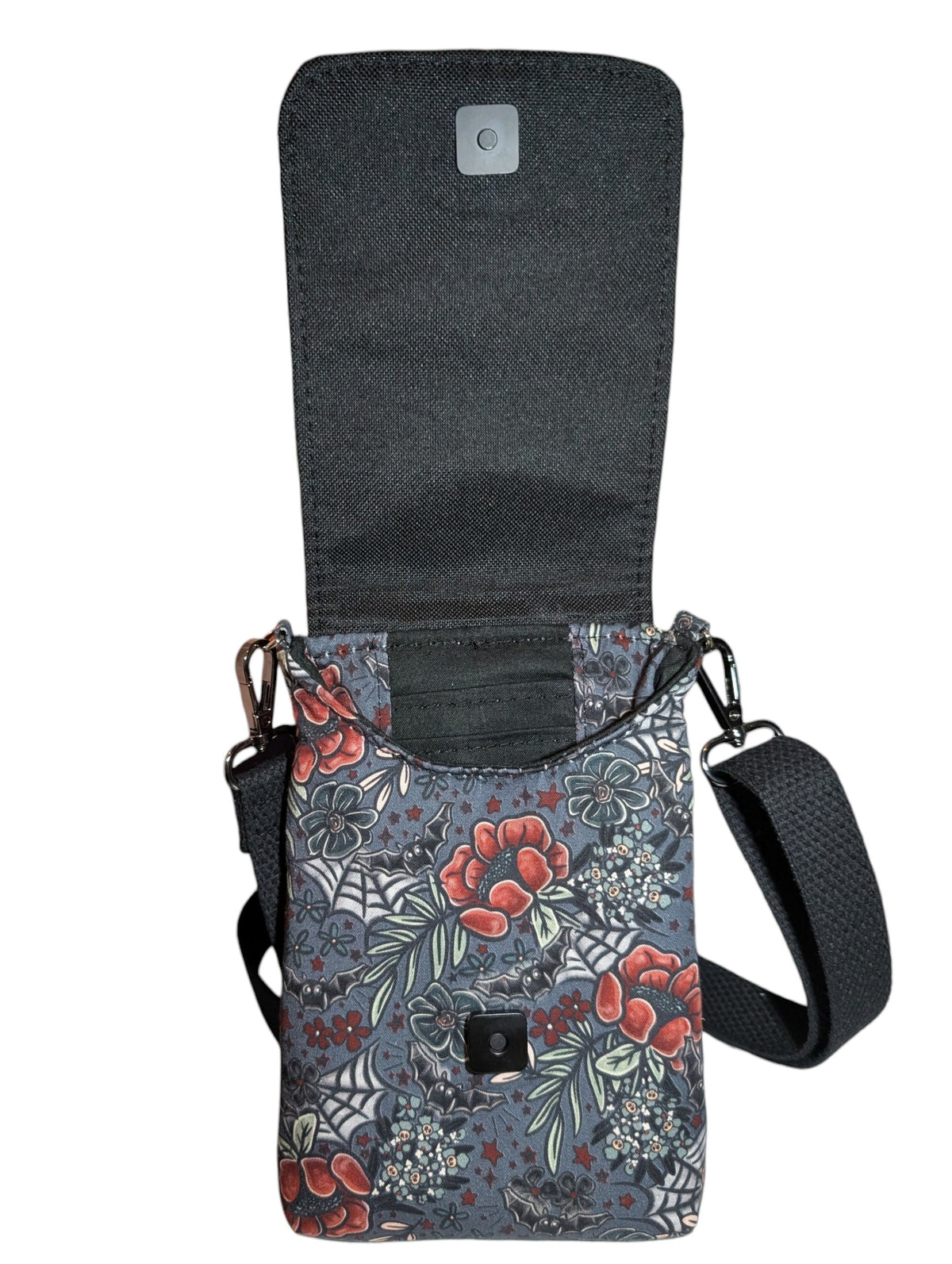 Handcrafted crossbody purse bag spiders & bats, floral
