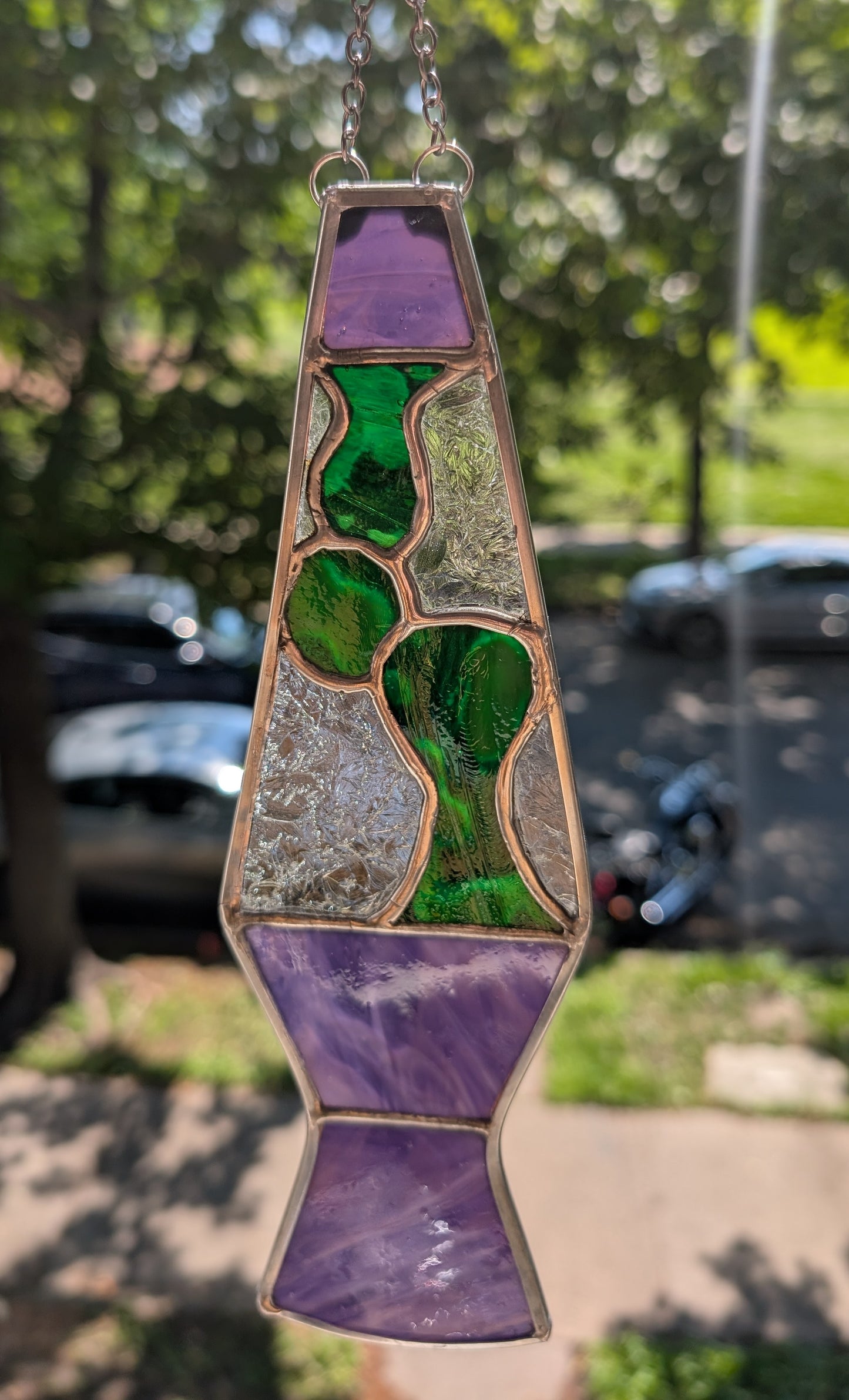 Handcrafted stained glass lava lamp purple and green