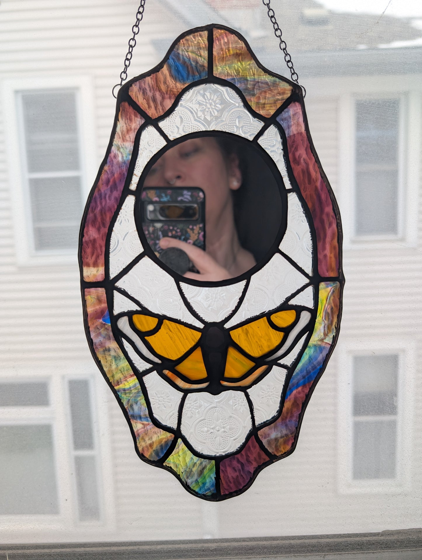 Handcrafted stained glass moth and mirror