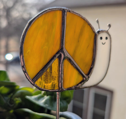 Handcrafted stained glass garden plant stake happy snail
