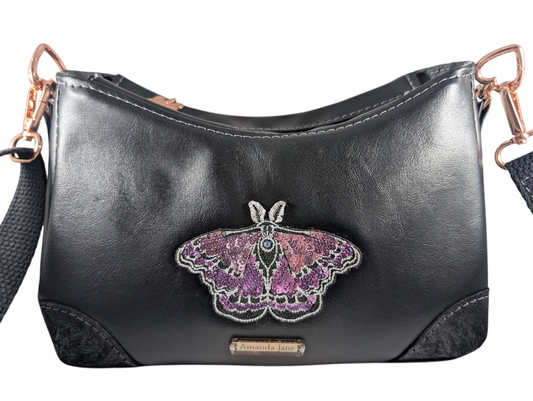 Handcrafted purse crossbody purple sequin moth butterfly