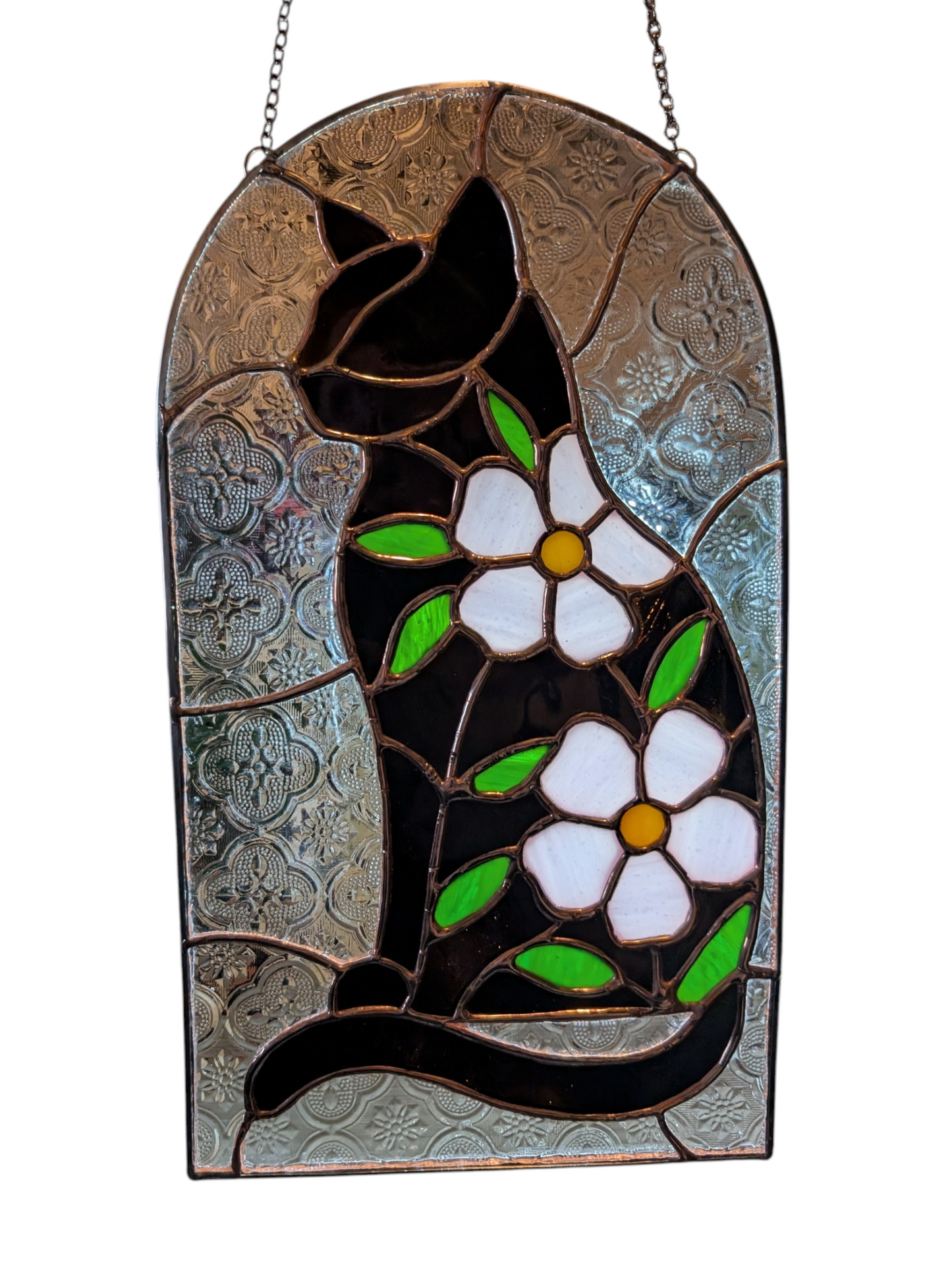 Handcrafted stained glass cat and flowers black/brown and pink