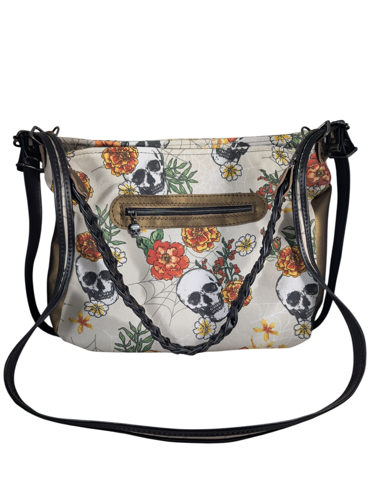 Handcrafted convertible shoulder purse to backpack floral skulls