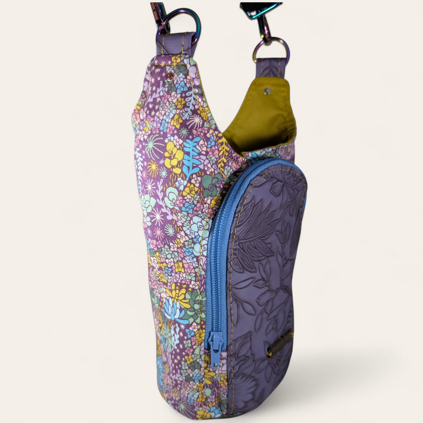 Handcrafted water bottle holder with card slots bright succulents