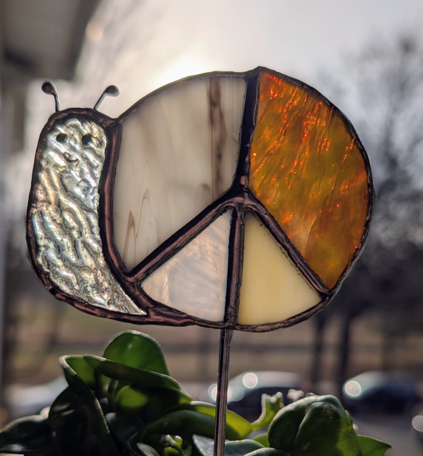 Handcrafted stained glass garden plant stake happy snail