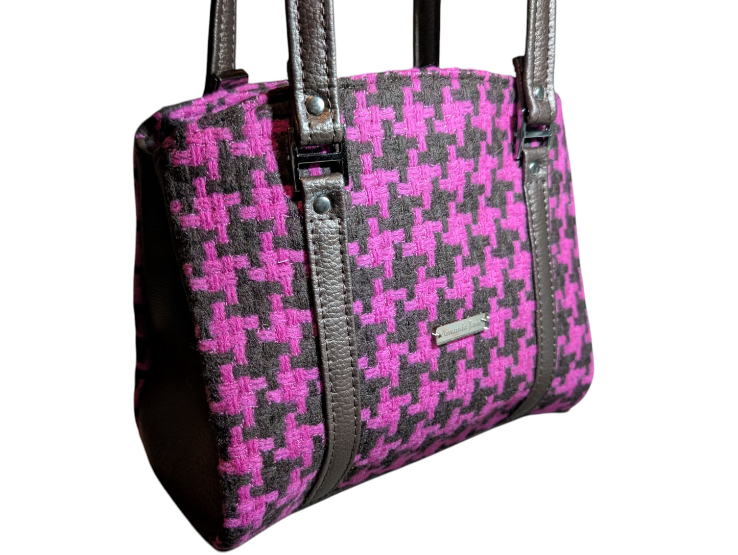 Handcrafted purse hand bag pink and brown houndstooth wool
