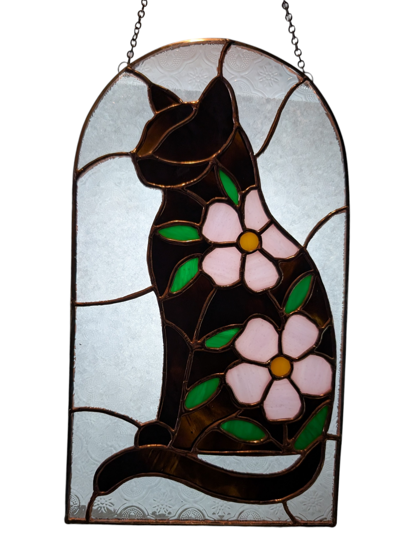 Handcrafted stained glass cat and flowers black/brown and pink