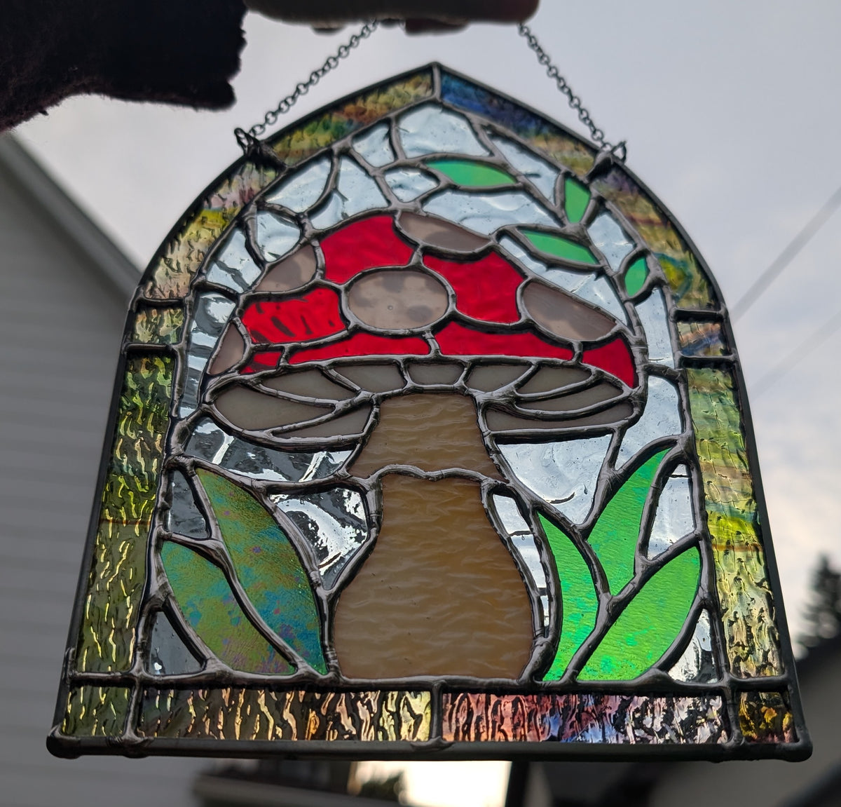 Stained glass sun catcher amanita mushroom