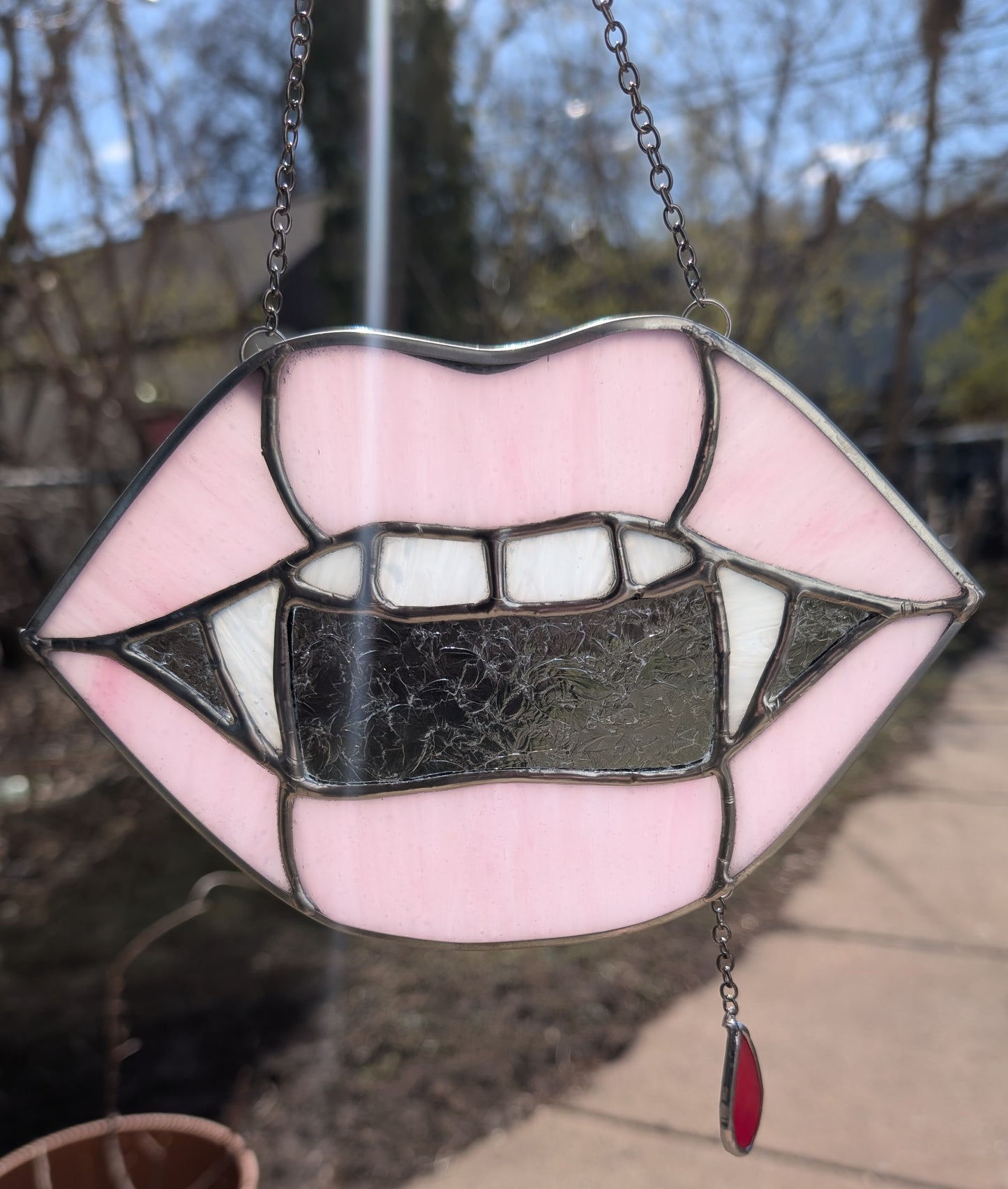 Handcrafted stained glass vampire teeth pink lips