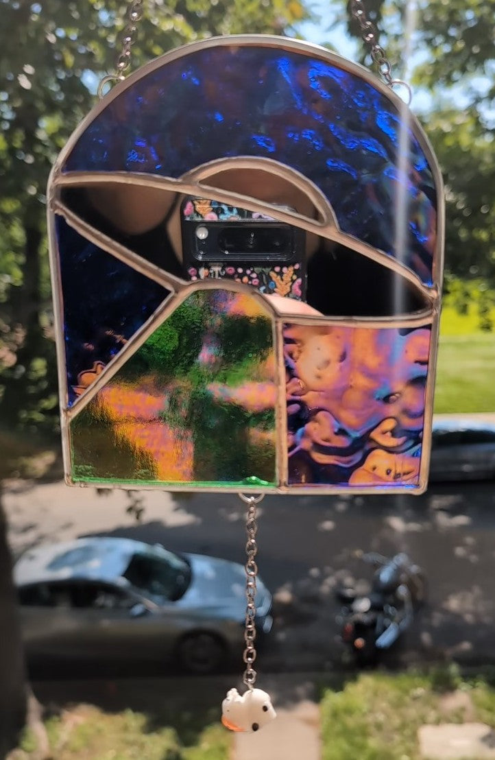 Handcrafted stained glass UFO beaming up a cow blue, green, and mirror