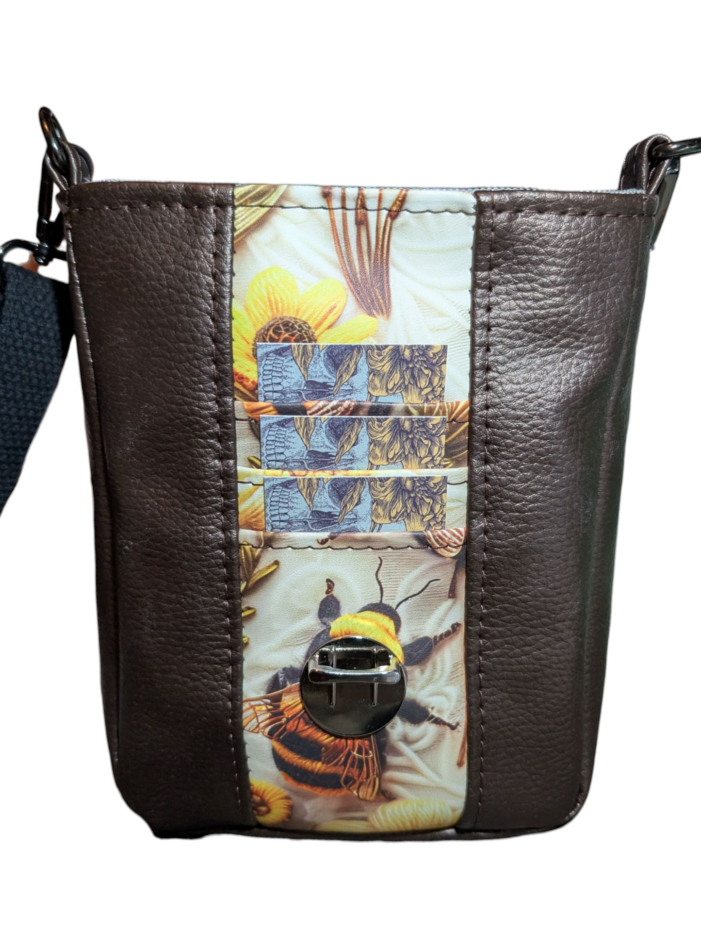 Handcrafted bag purse crossbody, built-in wallet, bees
