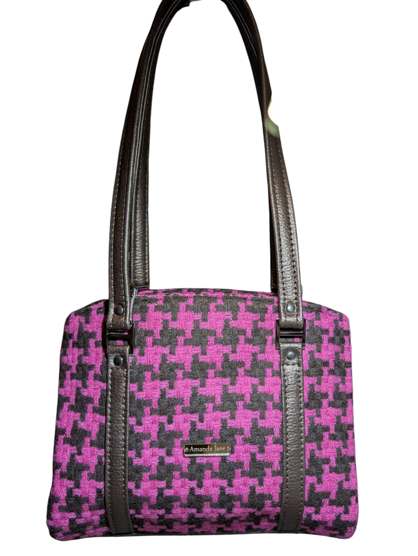 Handcrafted purse hand bag pink and brown houndstooth wool