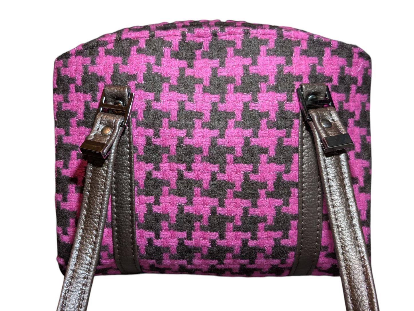 Handcrafted purse hand bag pink and brown houndstooth wool